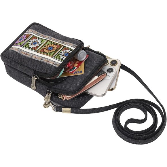 Women's S4 Black Vintage Embroidered Cute Mini Cross Body Bag Small Handbag - Picture 6 of 7